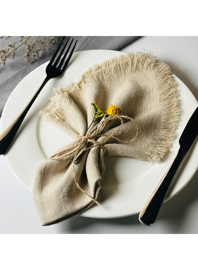 Handmade Cloth Napkins with Fringe,18 x 18 Inches Cotton Linen Napkins Set of 4 Versatile Handmade Square Rustic Fringe Napkins for Dinner, Wedding and Parties, Beige - Image 1